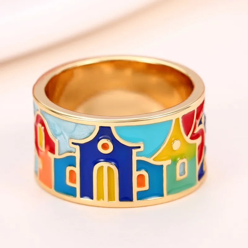 Creative Colored Housed Design Enamel Finger Ring for Women Gold Color Band Funny Girls Rings Gift Hip Hop Party Jewelry - EUFASHIONBAGS