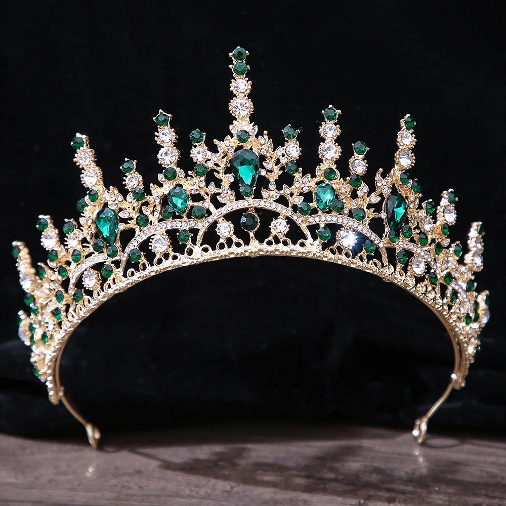 Luxury Green Color Crystal Wedding Crown Bridal Hair Accessories Women Baroque Crown Rhinestones Tiaras Bride Queen Party Crowns - EUFASHIONBAGS