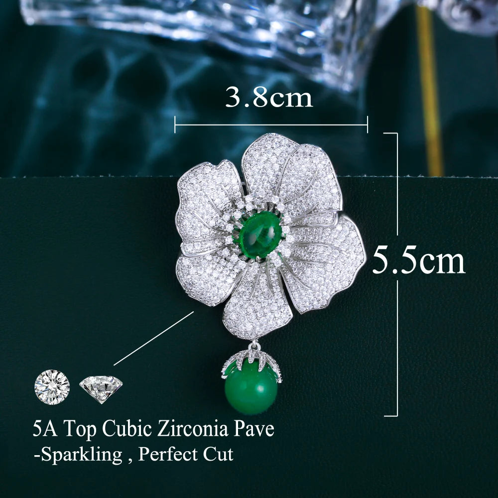 Super Luxury Cubic Zirconia Dangle Drop Green Bead Big Leaf Flower Brooches for Women Festive Party Jewelry - EUFASHIONBAGS