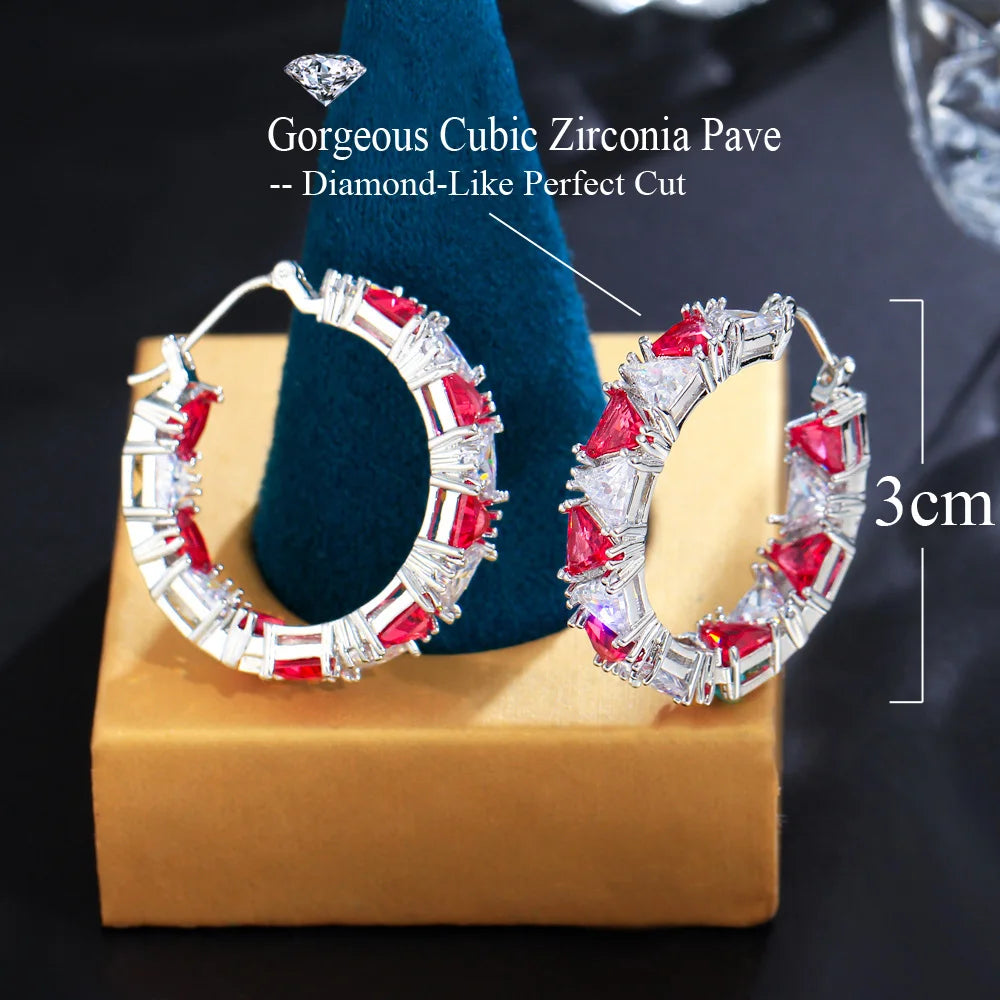 5A Top Sparkling Triangle Red Cubic Zirconia Paved Chic Double Sided Circle Round CZ Hoop Earrings for Women - EUFASHIONBAGS