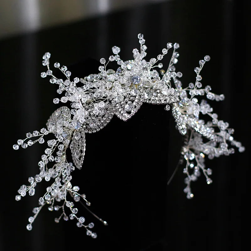 Luxury Crystal Beads Floral Bridal Headpiece Baroque Crown Wedding Hair Jewelry Pageant Rhinestone Diadem Headband Hair Ornament - EUFASHIONBAGS