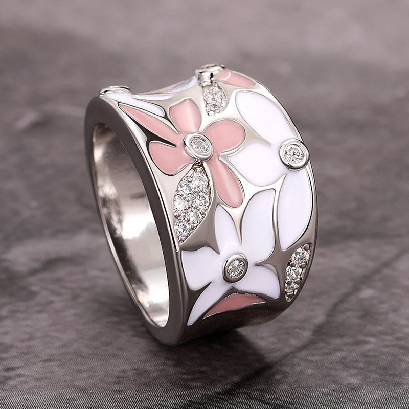 Aesthetic Enamel Flower Finger Ring for Women Wedding Party New 2023 Ring Silver Color Luxury Cubic Zirconia Jewelry Gift