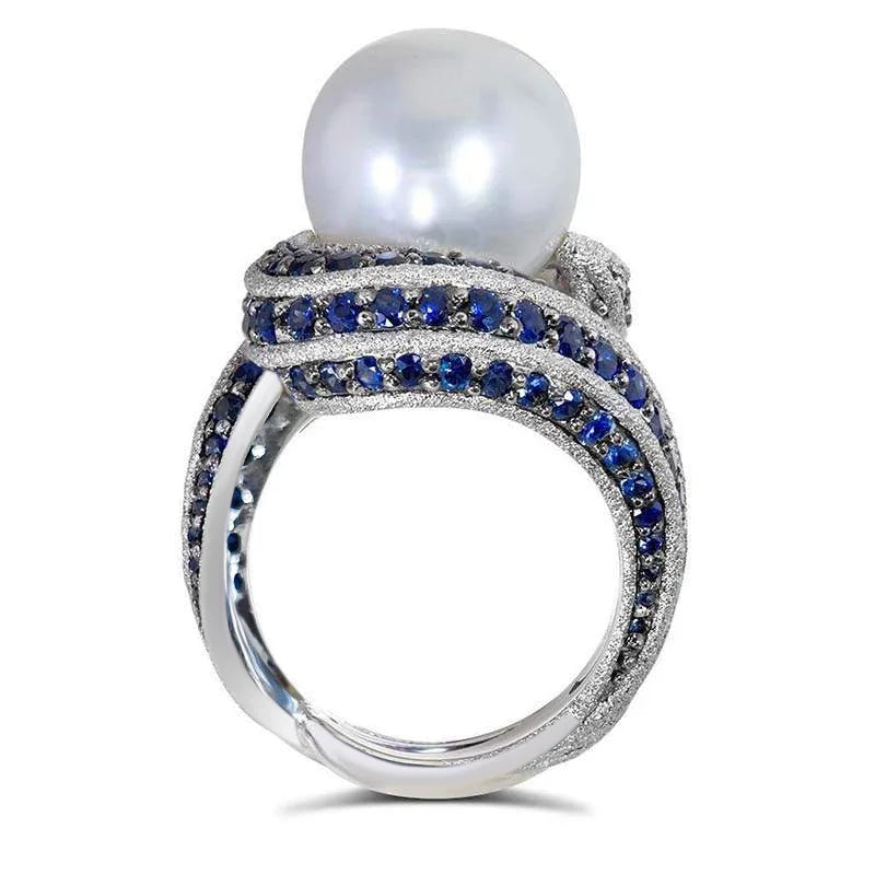 Hyperbole Personality Women Rings Irregular Shaped Full with Blue CZ Imitation Pearl Wedding Rings Hot Trendy Jewelry - EUFASHIONBAGS