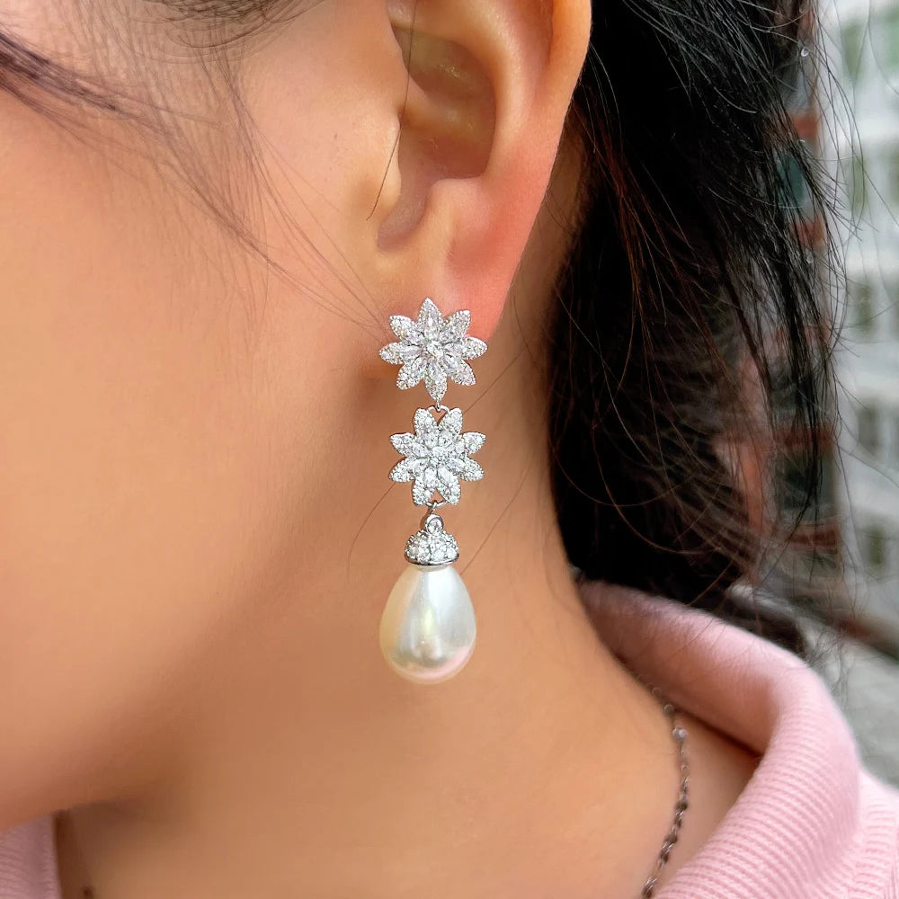 Chic Cubic Zirconia Cluster Flower Dangle Drop Long Pearl Earrings for Women Wedding Pageant Jewelry Accessory - EUFASHIONBAGS