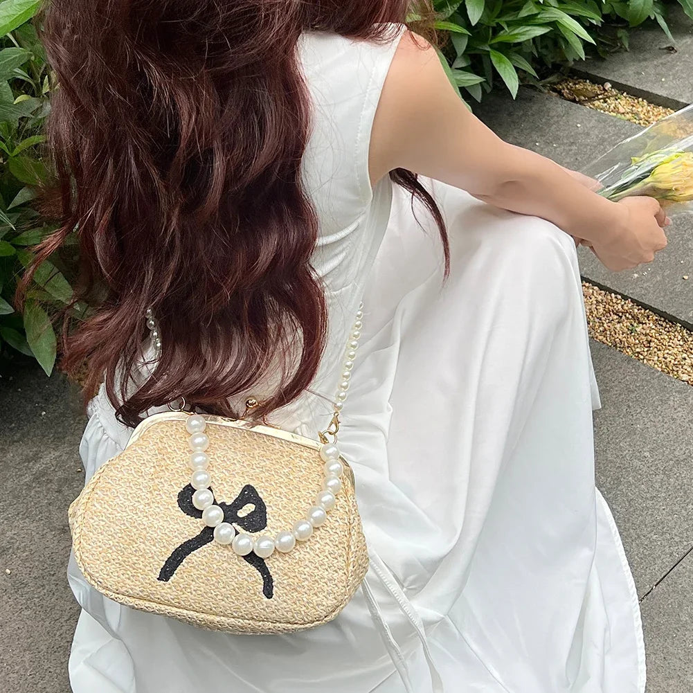 Summer Straw Beach Bag Women Bow Shoulder Bags Fashion Pearl Chain Clutch Handbag Purses Luxury Hand Bag Crossbody Bag for Women