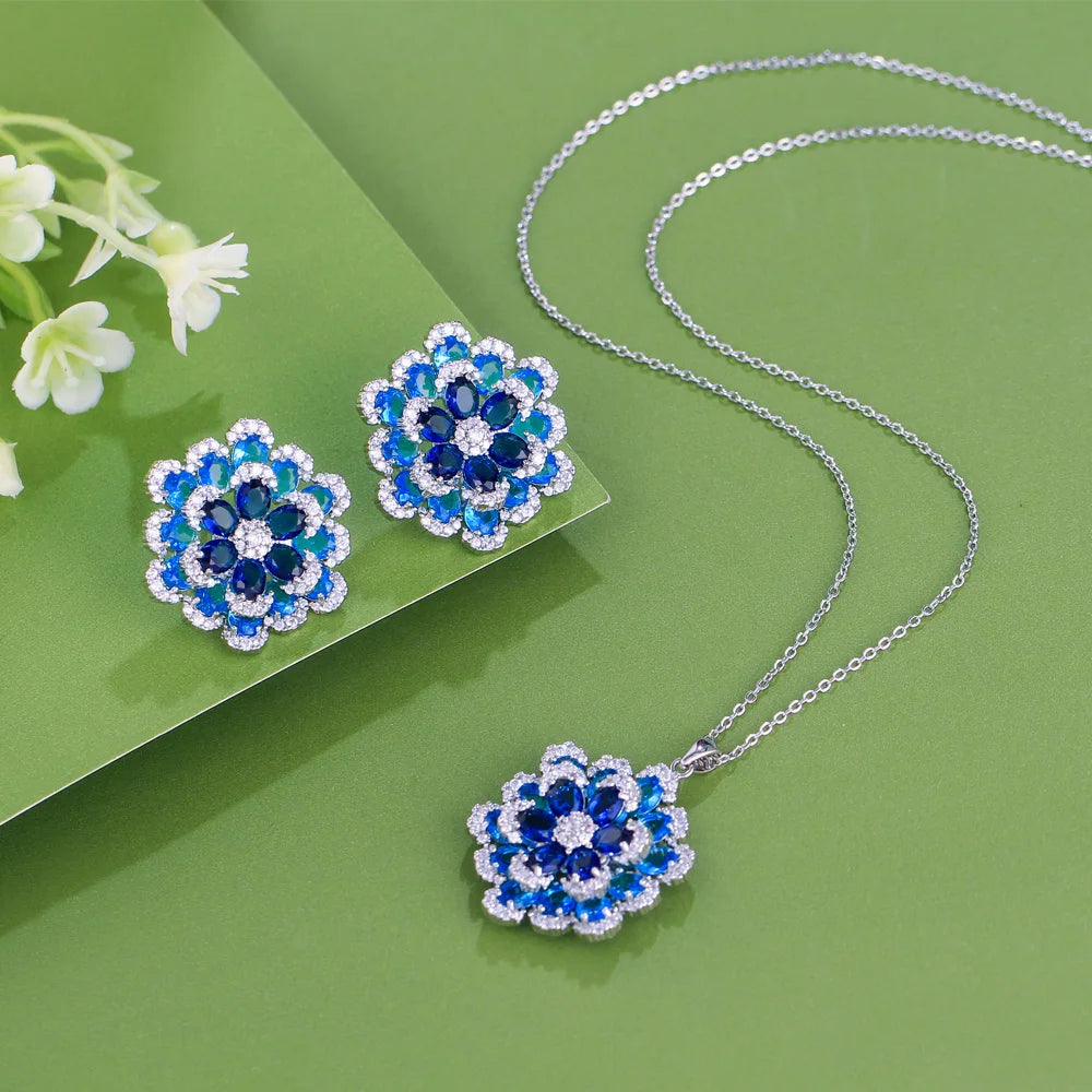 Art Deco Luxury Blue Cubic Zirconia Chunky Flower Shape Earrings And Pendant Necklace Women Party Jewelry Sets - EUFASHIONBAGS