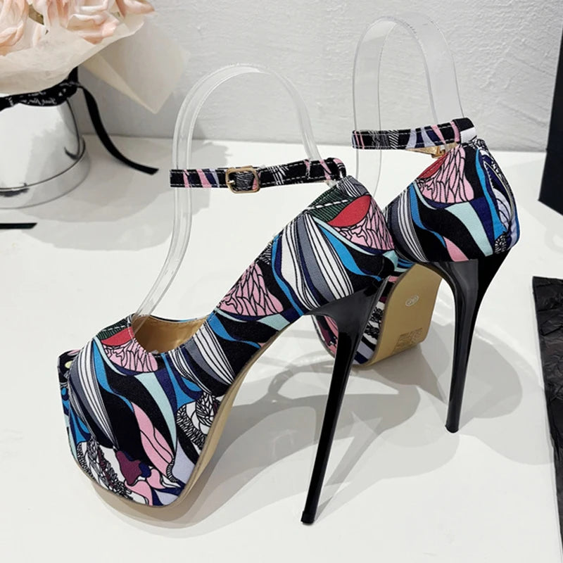 Fashion Design Hand-Painted Leather Platform Pumps Women Slingback Sandals Sexy Peep Toe High Heels Strip Pole Dance Shoes