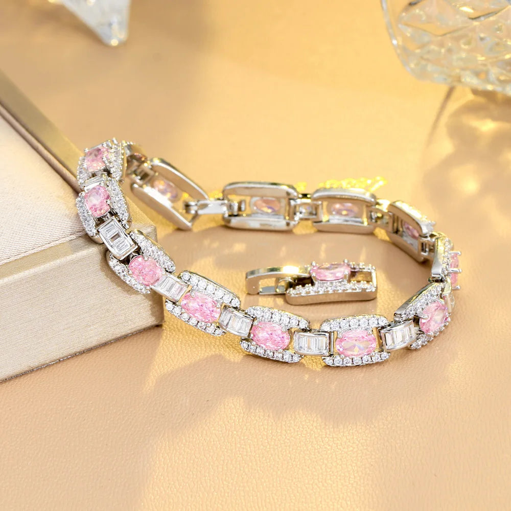 5A Quality Pink Cubic Zirconia Chic Luxury Cuban Chain Link Bracelets for Women CZ Party Engagement Jewelry - EUFASHIONBAGS