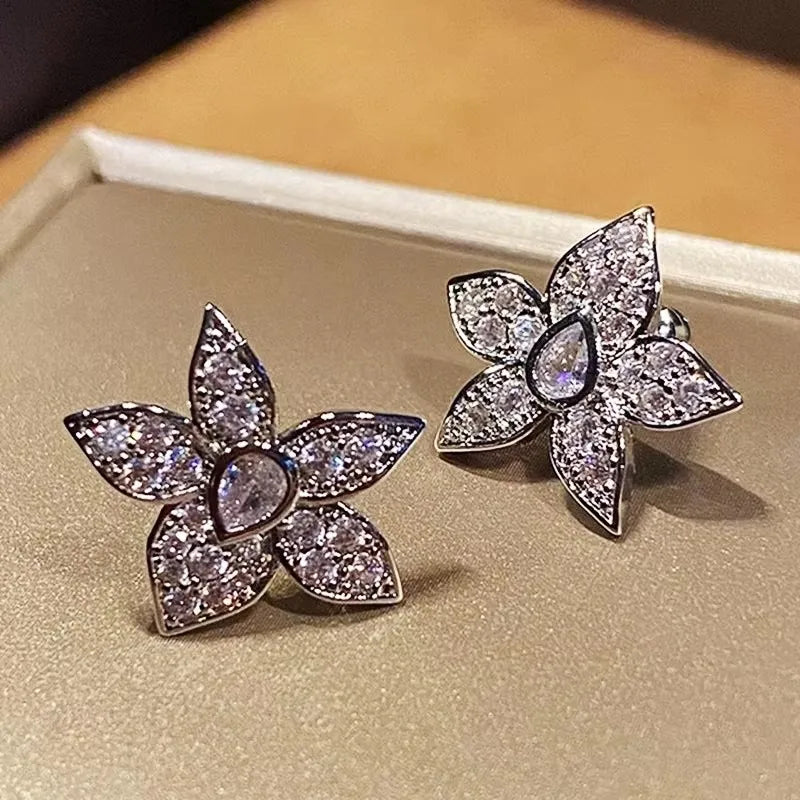 Flower Design Stud Earrings Elegant Temperament Shiny Cubic Zirconia Accessories for Lady Melting Party Jewelry - EUFASHIONBAGS