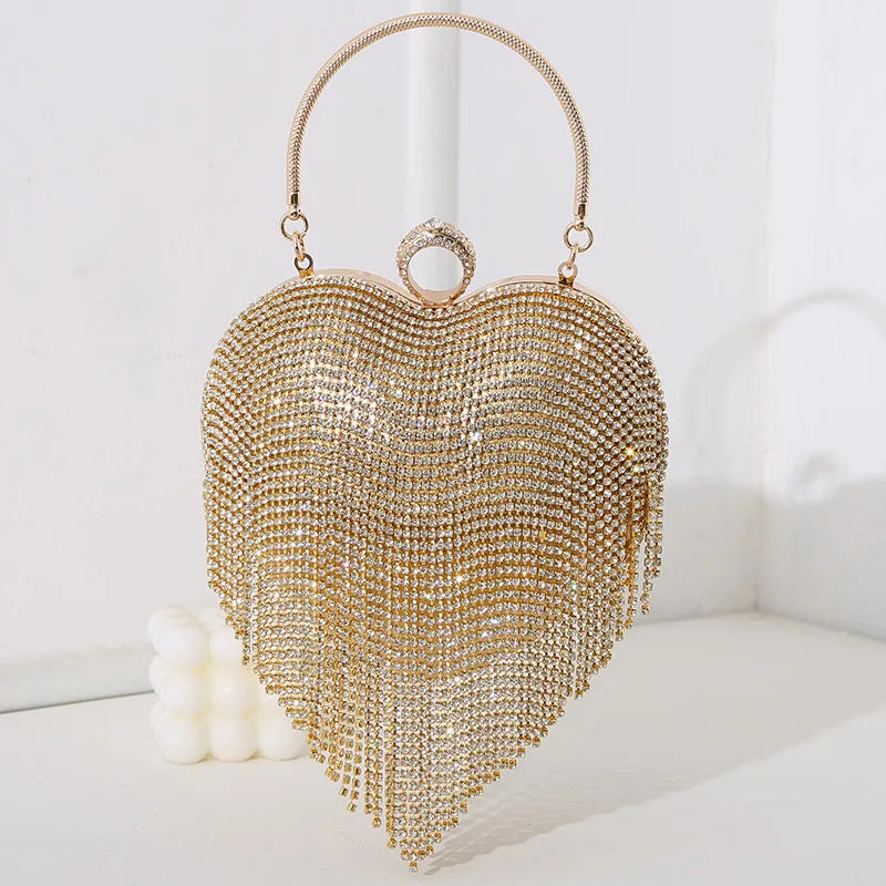 Rhinestone Evening Bag Heart Pattern Silver Handbag Womens Diamond Tassel Banquet Clutch And Purse Wedding Bridal Prom Wallets