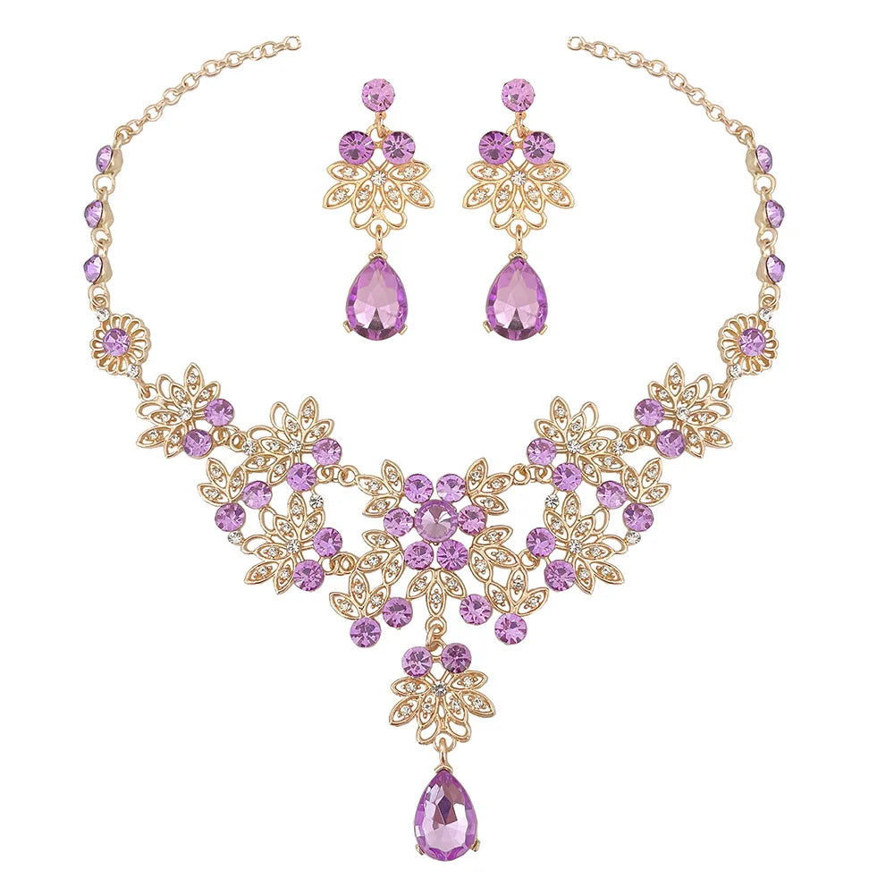 Baroque Pink Purple Crystal Bridal Wedding Jewelry Sets Women Gold Color Rhinestone Necklace Long Earrings Set Dress Accessories - EUFASHIONBAGS