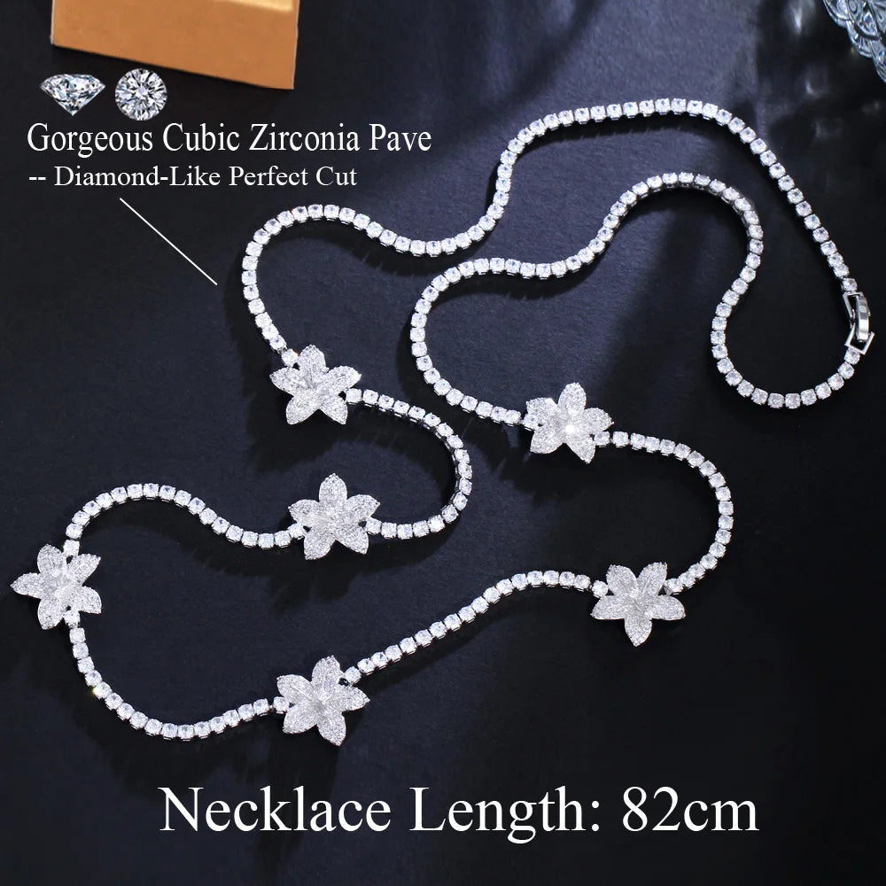 Chic Round Gorgeous Cubic Zirconia Flower Link Long Sweater Tennis Necklace for Women Bridal Party Accessories - EUFASHIONBAGS