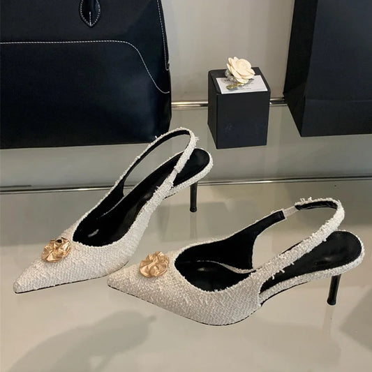 Fashion Metal Buckle Women Pumps Pointed Toe Kitten Heels Stiletto Slingbacks Sweet Concise Sandal Shoes For Woman White - EUFASHIONBAGS