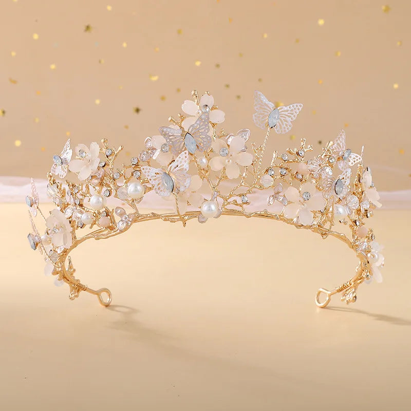 Baroque Handmade Crystal Butterfly Pearls Bridal Tiaras Crowns Rhinestone Diadem Headpieces Vine Tiara Wedding Hair Accessories - EUFASHIONBAGS