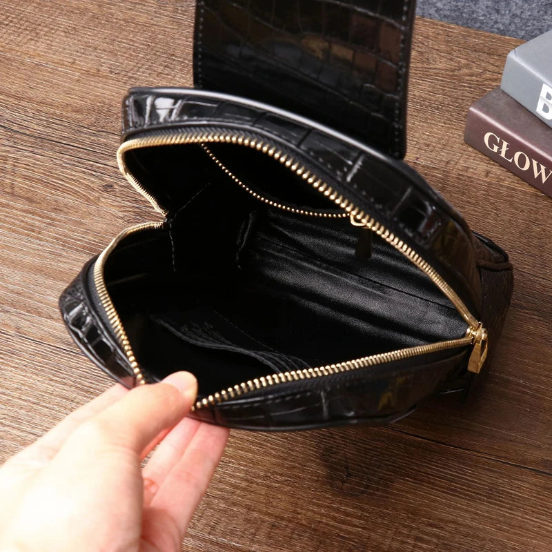 New Men's Crocodile Print Chest Bag Genuine Leather Bag Fashion Casual Leather Retro Multi-function Shoulder Bag