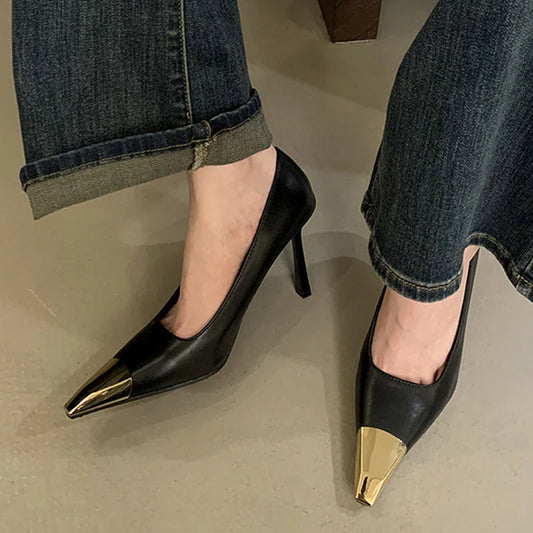 Classics Black High Heels Cozy Patent Leather Women Pumps Fashion Metal Decoration Pointed Toe Stiletto Shoes - EUFASHIONBAGS