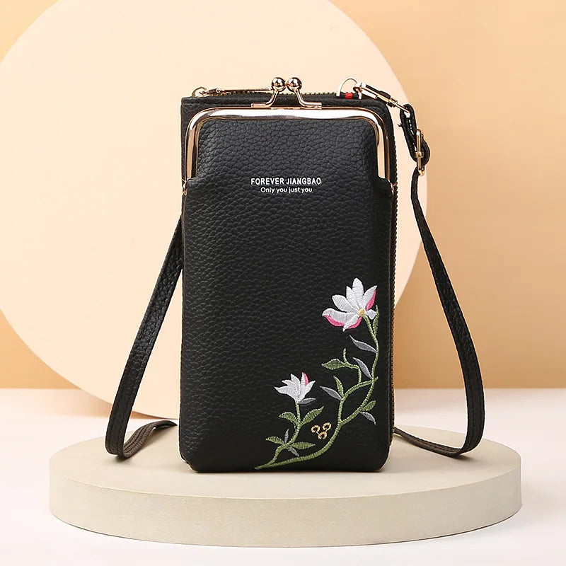 New Women's Bag Long Embroidered Mobile Phone Bags Female Shoulder Crossbody Bag Cards Holder Coin Wallet Girls Handbag