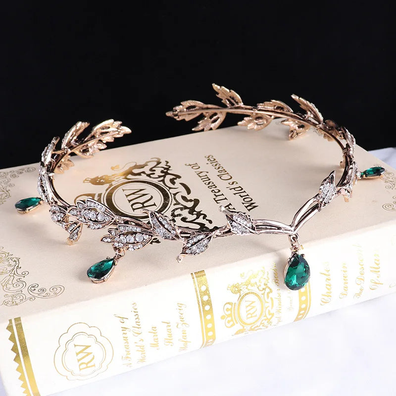 Vintage Bronze Emerald Green Fairy Crown Tiaras Crystal Leaves Elf Tiara Bandana Hair Accessories for Women Costume Hair Jewelry - EUFASHIONBAGS