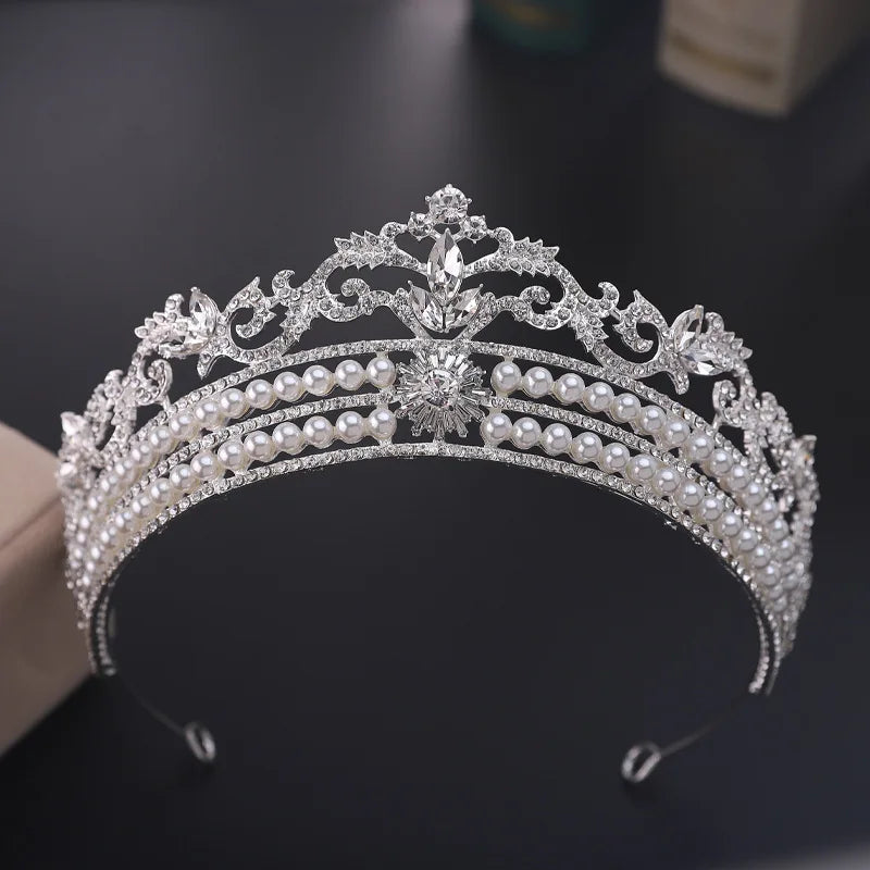 Luxury Silver Color Crystal Pearls Bridal Tiaras Crown Rhinestone Pageant Diadem Baroque Leaf Headbands Wedding Hair Accessories - EUFASHIONBAGS