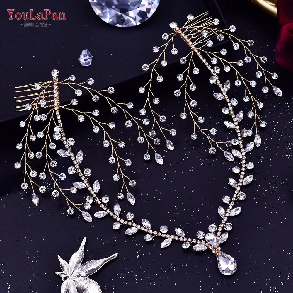 Golden Bridal Headband Forehead Crown for Wedding Hair Accessories Rhinestone Bride Tiara Women Headdresses HP440 - EUFASHIONBAGS