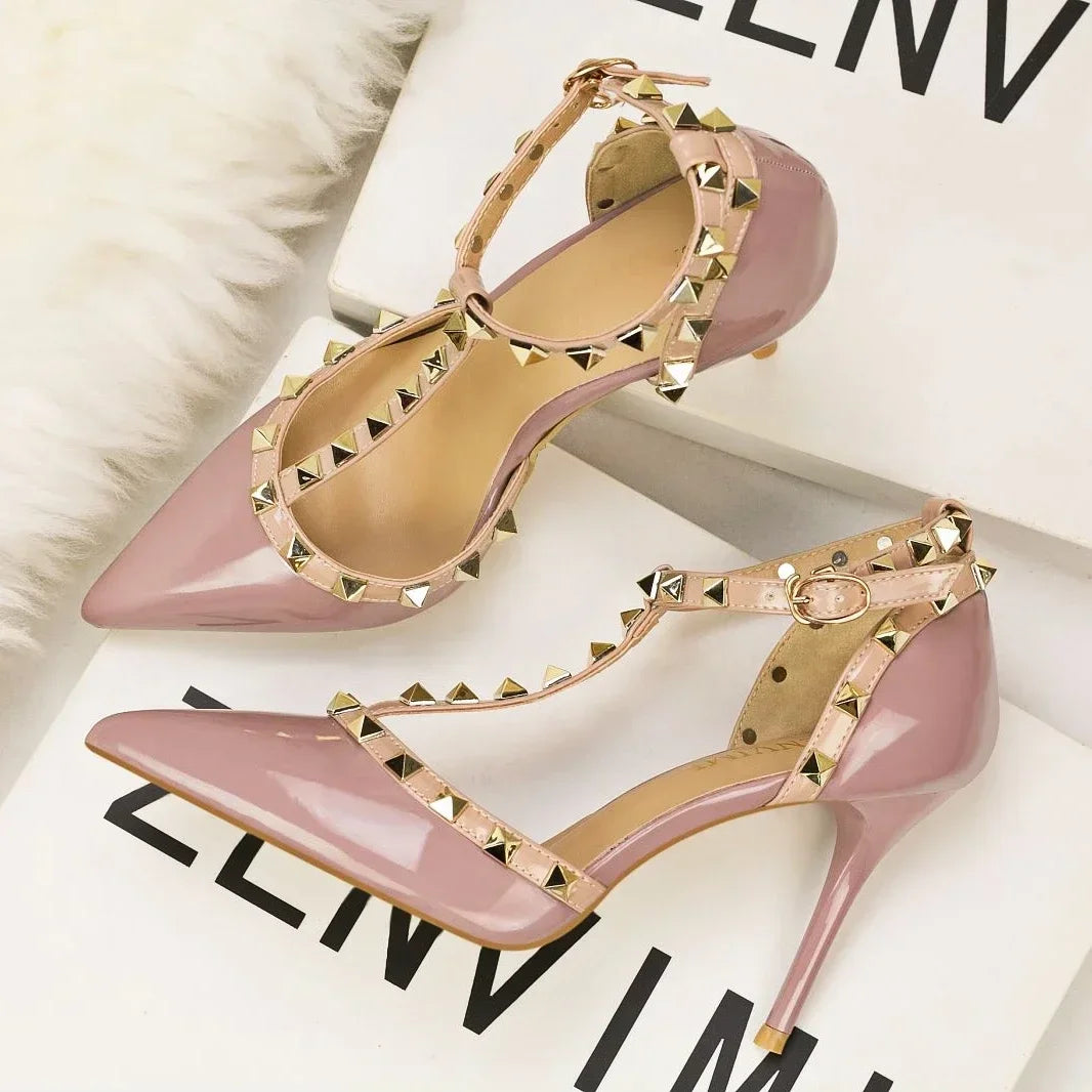 Sexy Rivet Pointed Toe Thin High Heels Women Patent Leather Hollow Striptease Party Shoes Brand Sandals Female Zapatos De Mujer