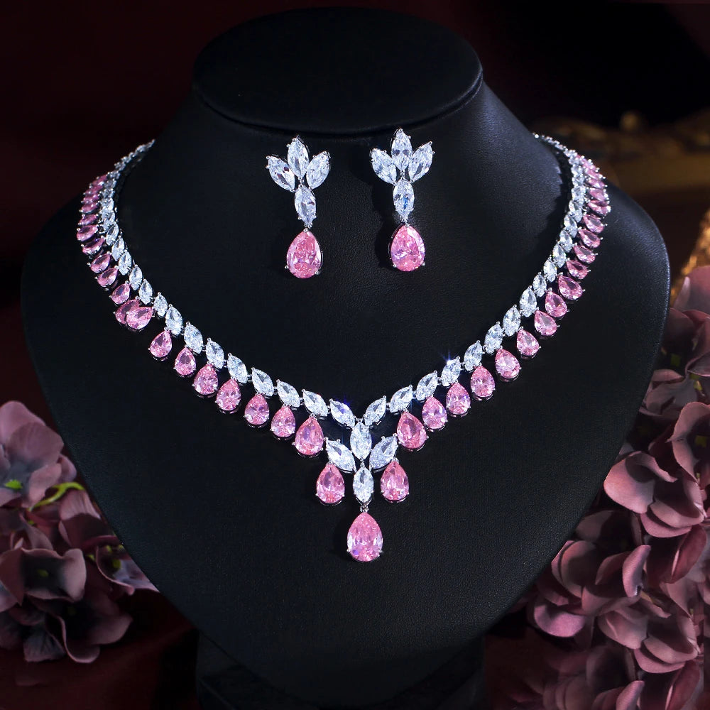 Super Shiny Pink Cubic Zirconia Big Tassel Water Drop Women Wedding Party Bridal Necklace Costume Jewelry Sets - EUFASHIONBAGS