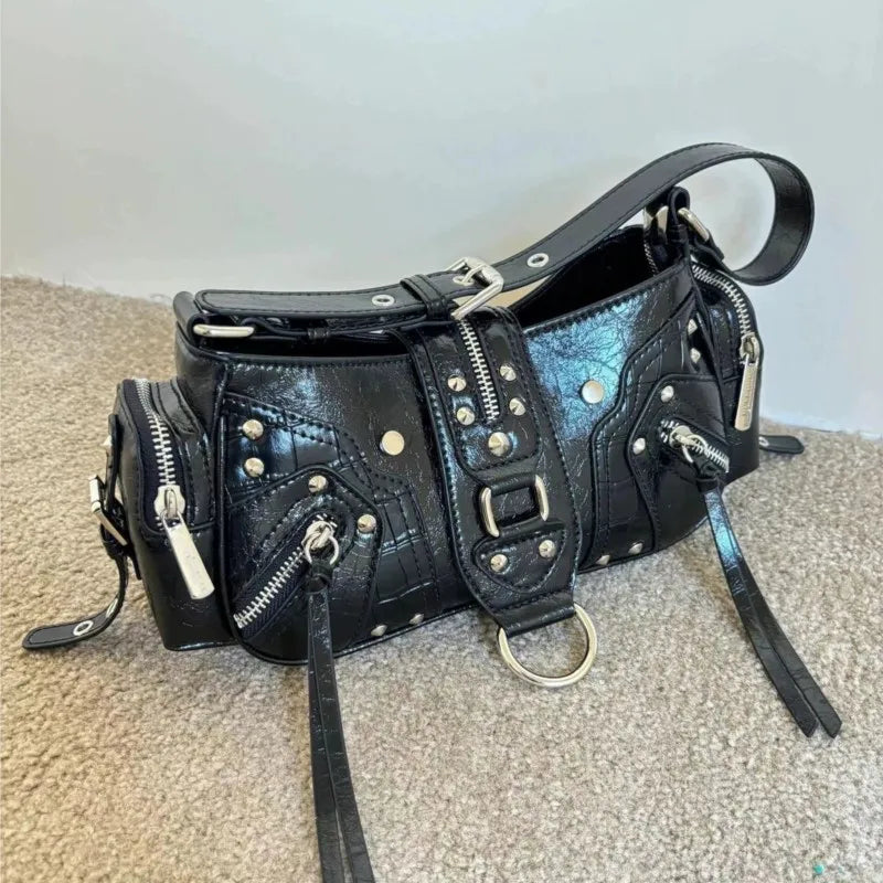 Vintage Black Y2k Shoulder Bags Women Sweet Cool Hot Girls Rivet Pu Leather Handbag Ladies Moto Biker Underarm Bag Chic - EUFASHIONBAGS