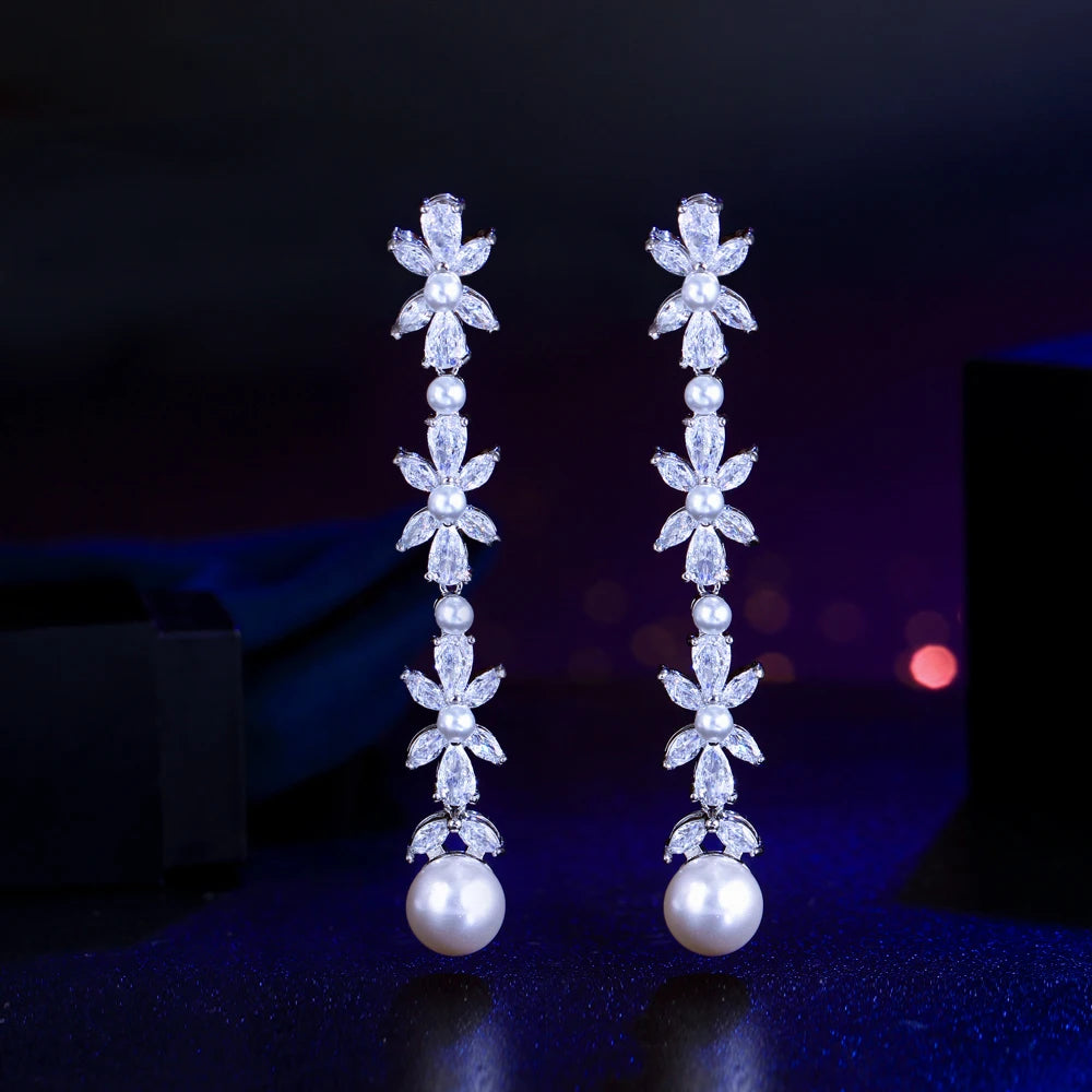 Shiny White CZ Paved Silver Color Long Dangle Drop Pearl Flower Leaf Cubic Zirconia Earrings for Women Wedding