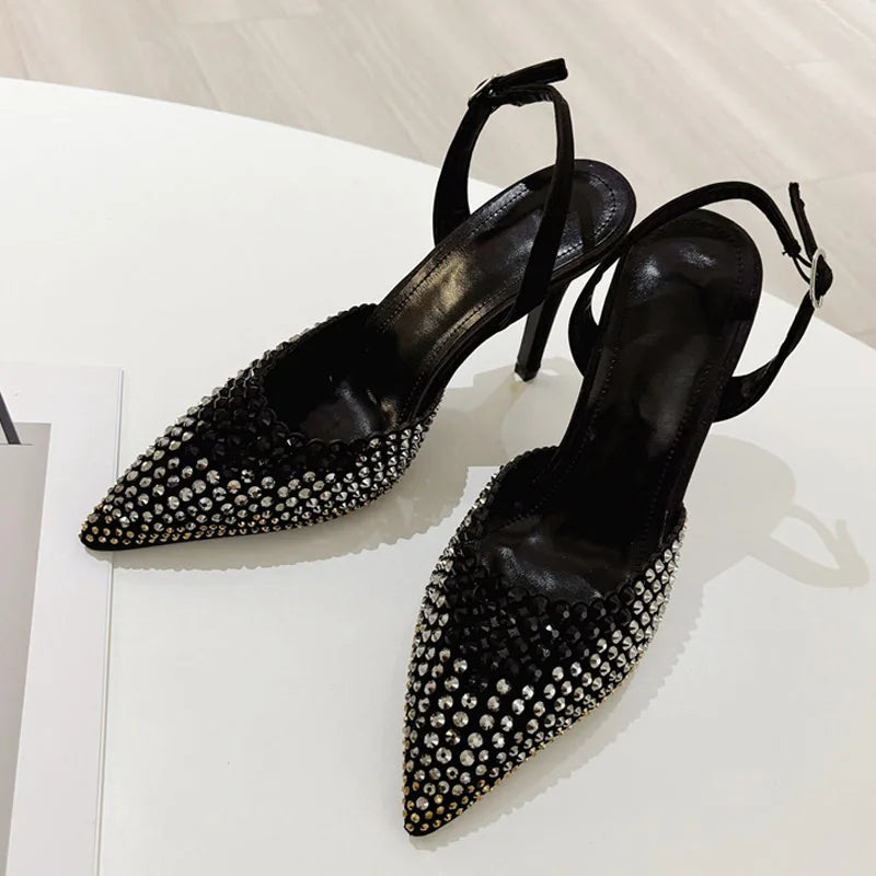 Sexy Slingback Shoes Women Pumps Crystal Rhinestone Pointed Toe Back Buckle Strap Black High Heels Mules Sandals Female - EUFASHIONBAGS