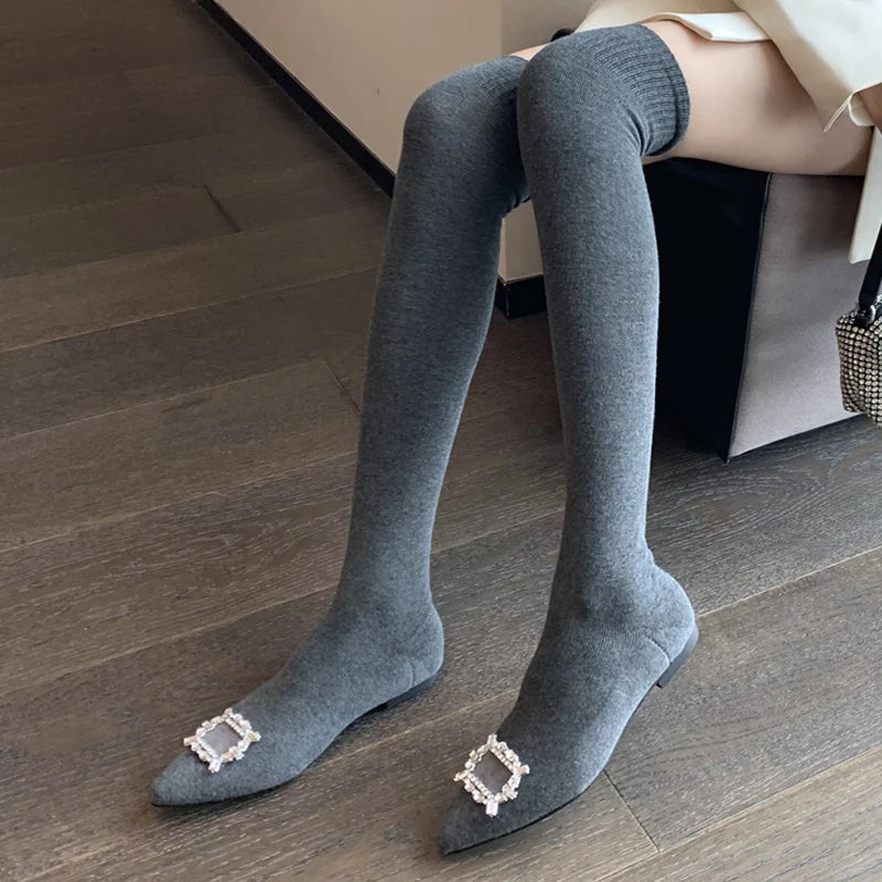 New Design Crystal Buckle Women Slim Leg Thigh High Sock Boots Casual Flat Heels Black Stretch Fabric Over The Knee Shoes