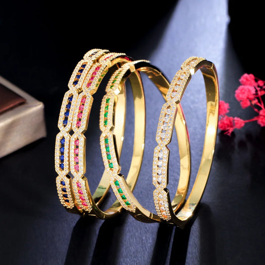 Beautiful Trendy Blue Green Cubic Zirconia Paved Gold Color Round Wedding Bridal CZ Bangles for Women Jewelry - EUFASHIONBAGS