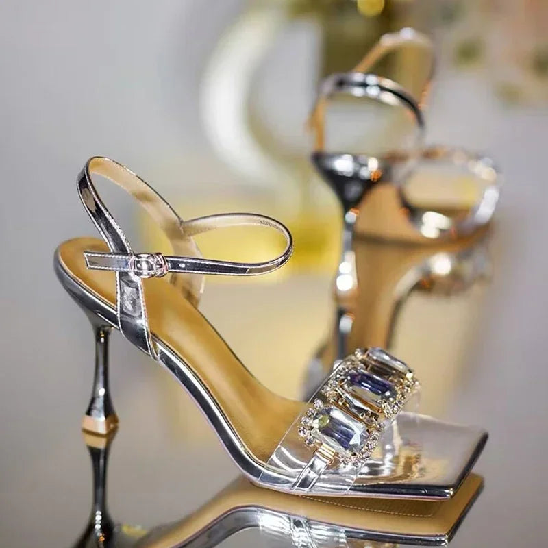 Luxury Diamond High Heels Women 2025 Summer Square Toe Shiny Crystal Sandals Woman Ankle Straps Elegant Party Pumps Women Shoes