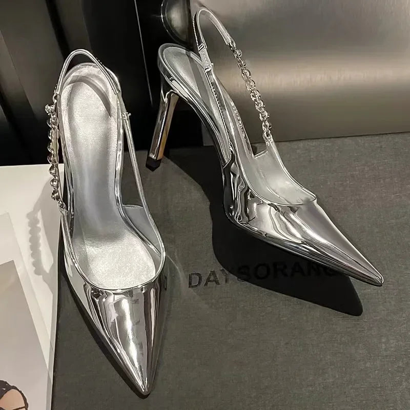 Shiny High Heels Sandals Women Pumps Metallic Crystal Slingback Pointy Toe Stiletto Heeled Shoes Silver Party Dress Shoes Woman