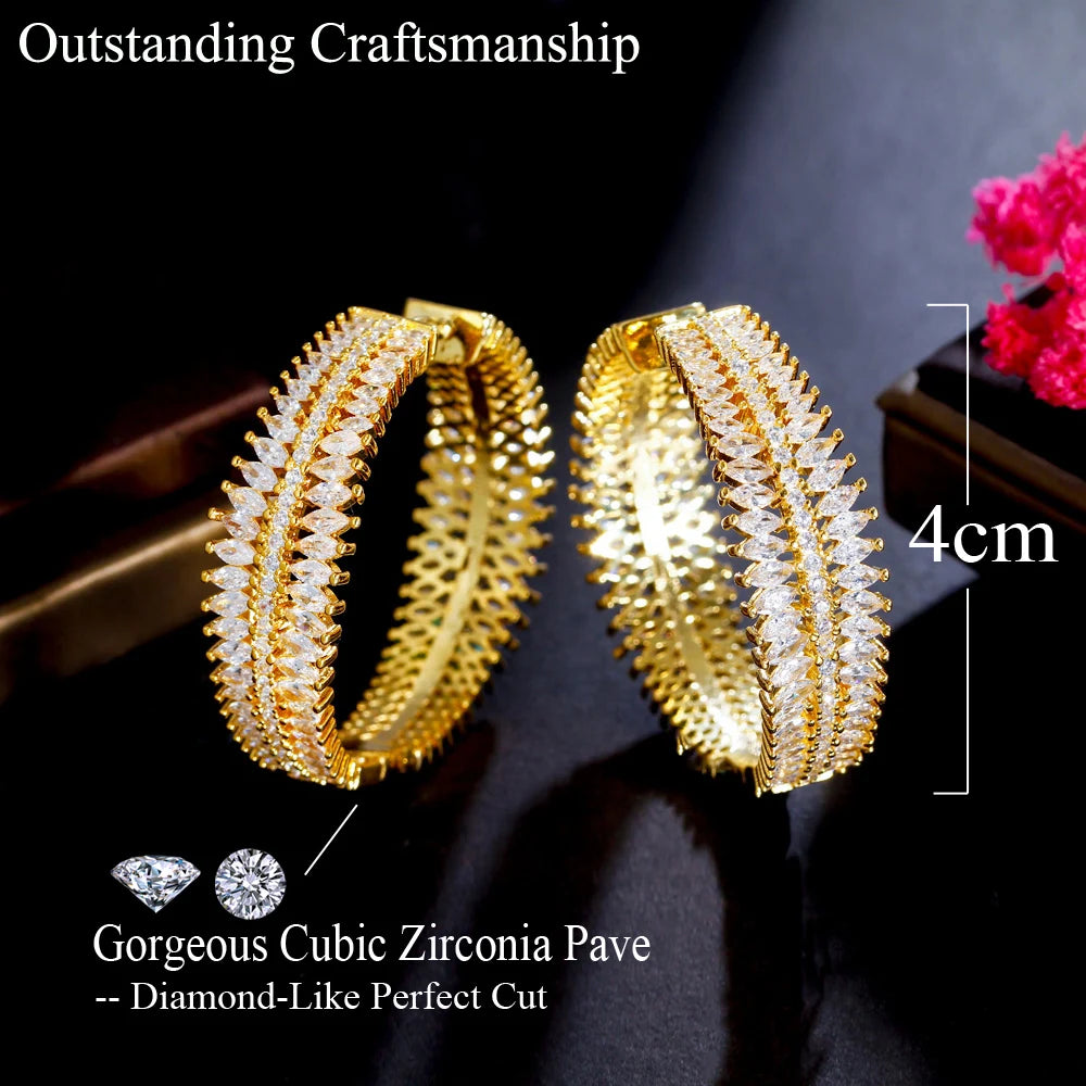 Bright Heavy African Cubic Zirconia Pave Gold Plated Round Big Wide Statement Wedding Hoop Earrings for Women - EUFASHIONBAGS