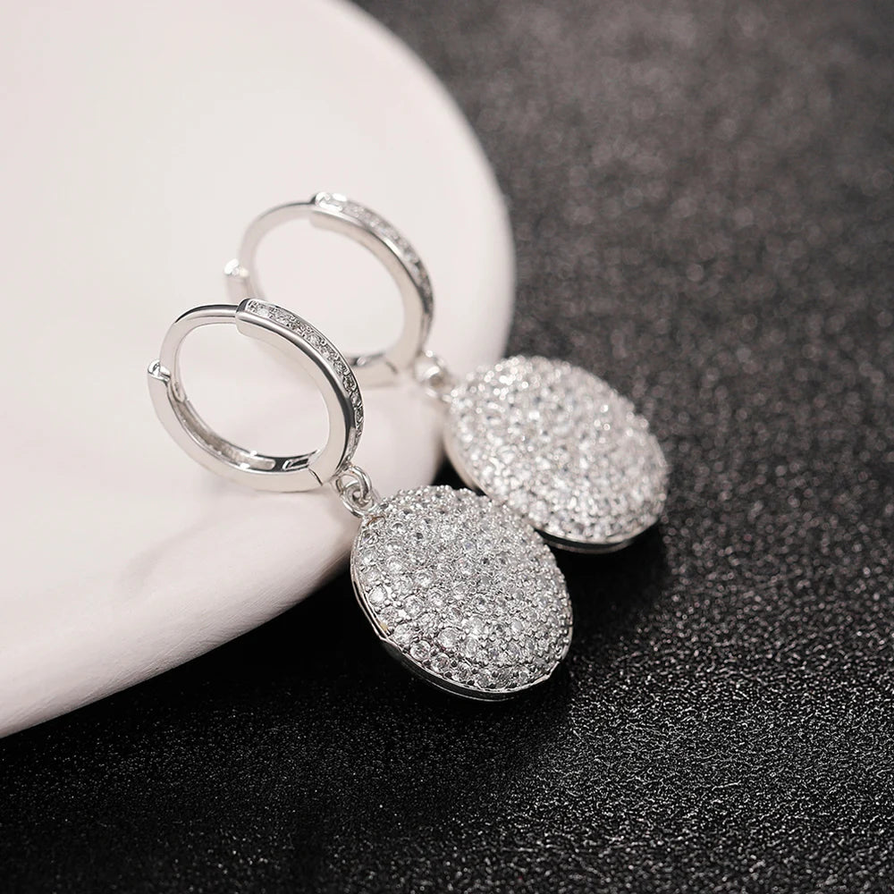 Full Paved CZ Round Pendant Dangle Earrings Women Silver Color Luxury Wedding Earrings Eternity Statement Jewelry - EUFASHIONBAGS