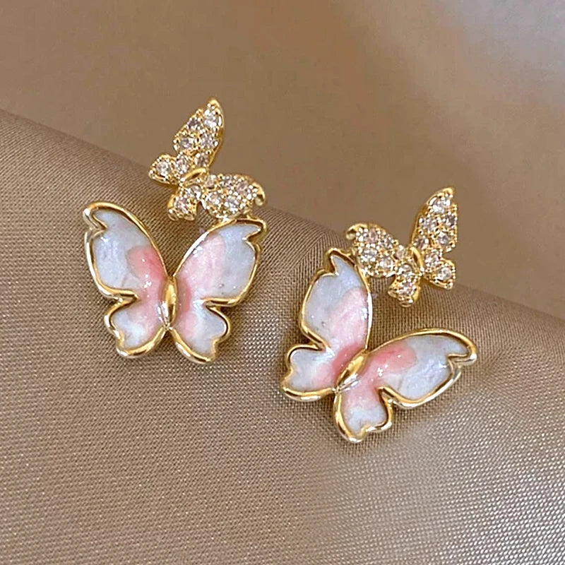 Novel Pink Butterfly Earrings for Women Romantic Enamel Handmade Accessories Fancy Birthday Gift Statement Girls Jewelry