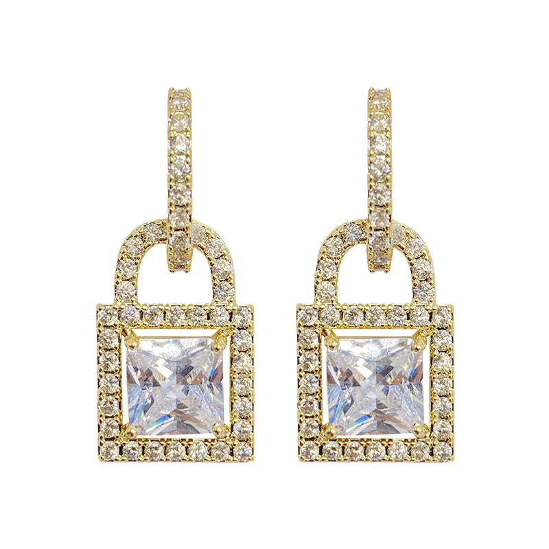 Novel Lock Design Drop Earrings for Women Bright Cubic Zirconia Ear Piecing Accessories Delicate Chic Engagement Jewelry - EUFASHIONBAGS