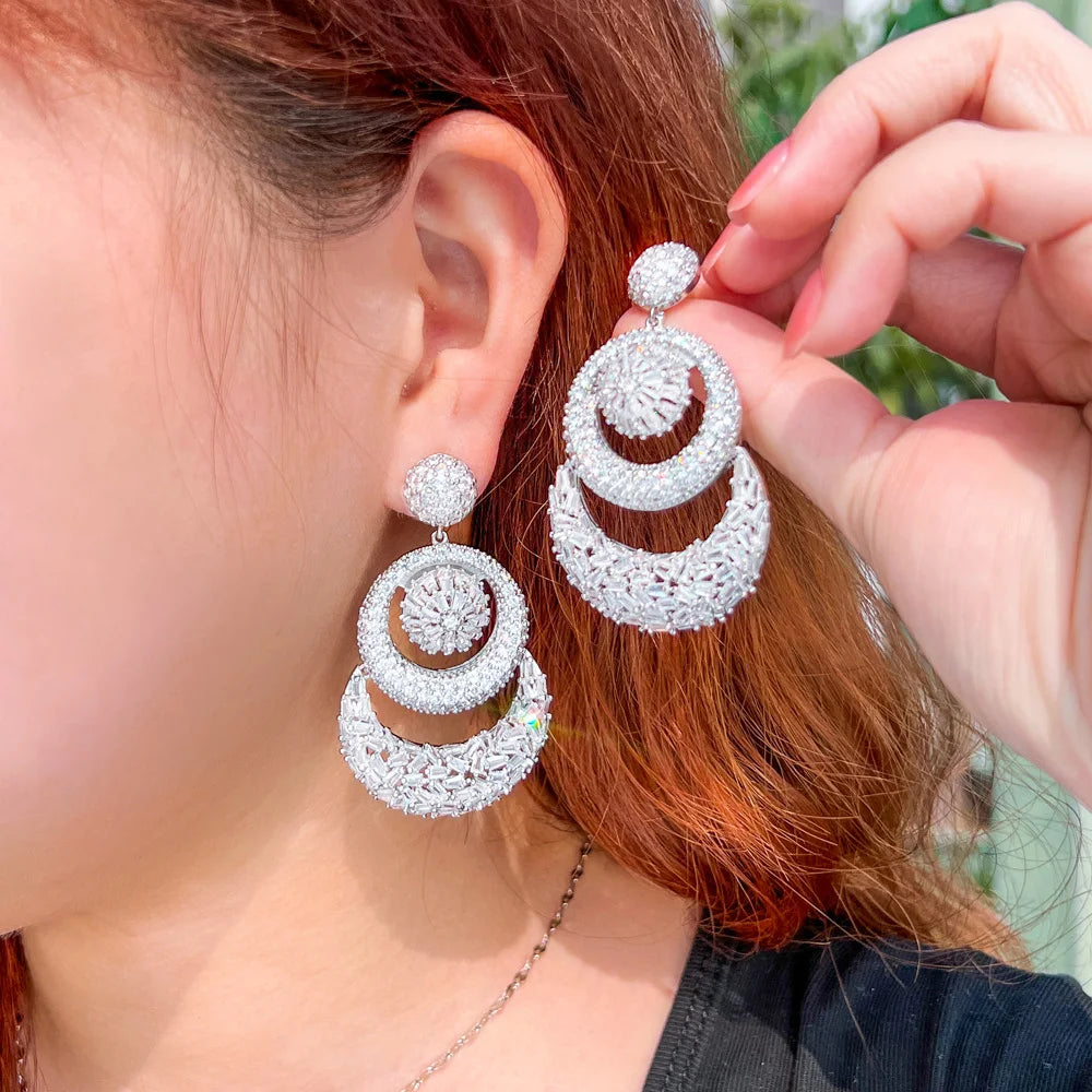 Super Sparkling White Chunky Cubic Zirconia Luxury Statement Big Multiple Round Dangle Women Wedding Earrings - EUFASHIONBAGS