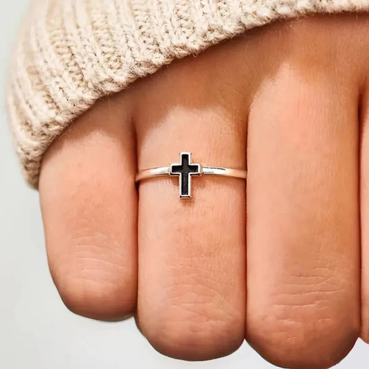 Fashion Contracted Cross Rings for Women Silver Color Black Drop Glaze Finger Accessories Female Versatile Daily Jewelry