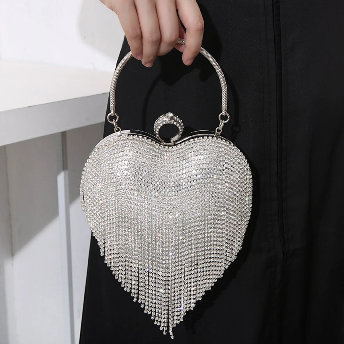 Rhinestone Evening Bag Heart Pattern Silver Handbag Womens Diamond Tassel Banquet Clutch And Purse Wedding Bridal Prom Wallets