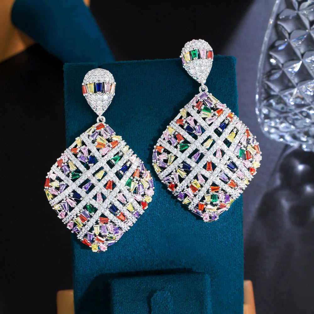 Fancy Cross Line Colorful Heavy Cubic Zirconia Stone Pave Luxury Big Rhombic Drop Engagement Earrings for Women - EUFASHIONBAGS