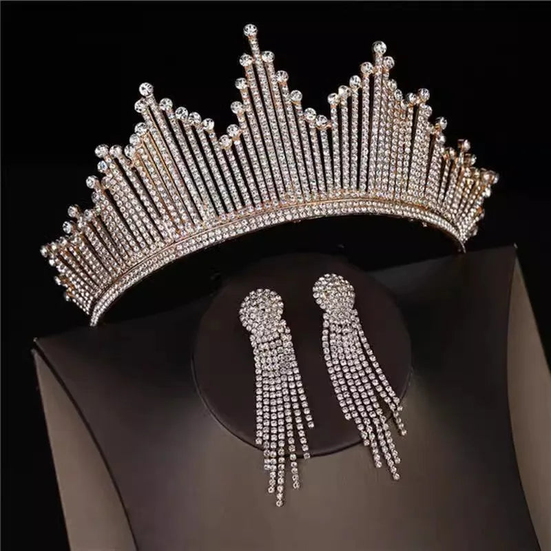 Baroque Luxury Queen Crystal Bridal Tiaras Crowns Earrings Set For Women Girls Wedding Diadem Princess Party Hair Dress Jewelry - EUFASHIONBAGS