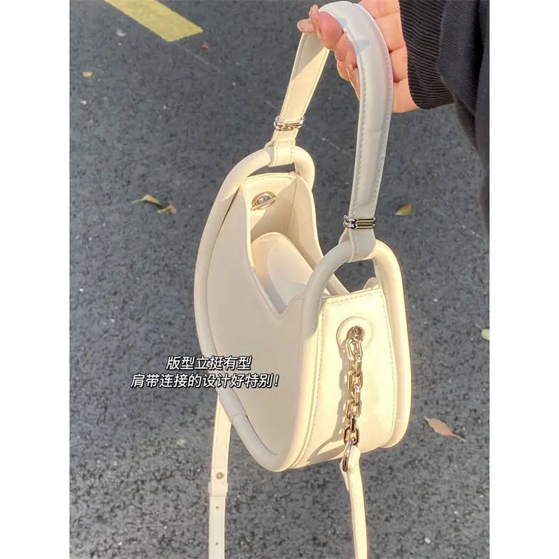 White Half Moon Bags Women 2023 New Handle Leather Chic Solid Messenger Bag Ladies Harajuku Aesthetic Crossbody Bag Y2k - EUFASHIONBAGS