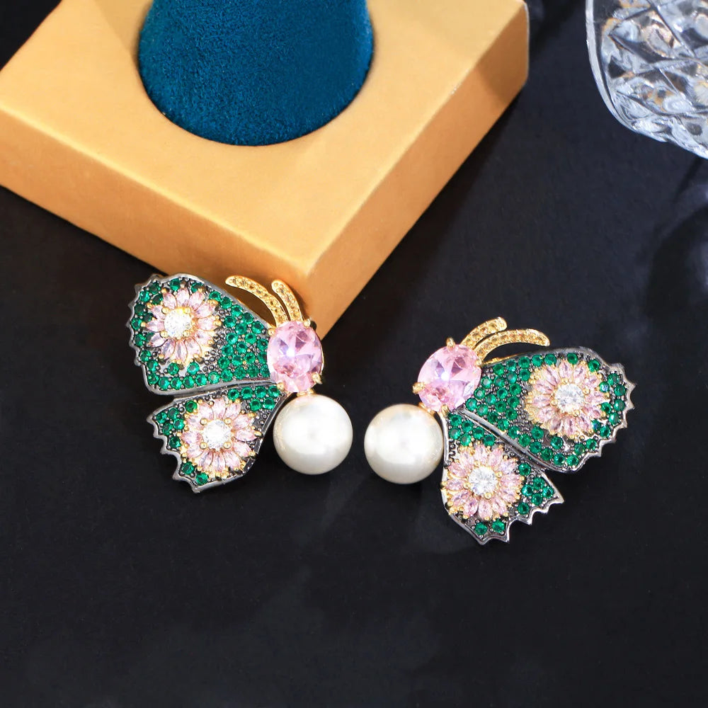 Glamorous Pink Green Cubic Zirconia Asymmetrical Butterfly Drop Pearl Earrings for Women Unique Party Jewelry - EUFASHIONBAGS