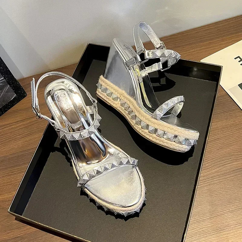 Rivets Design Wedge Sandals Woman Summer 2025 Open Toe Dress Shoes Fashion Weave Platform High Heels Ladies Zapatos De Mujer