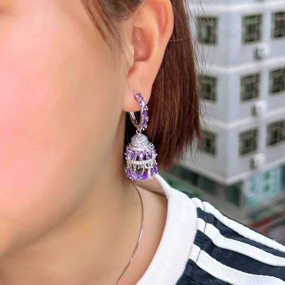 Luxury Purple Cubic Zirconia Chandelier Dangle Water Drop Long Jhumkas Earrings for Women Wedding Party Jewelry - EUFASHIONBAGS