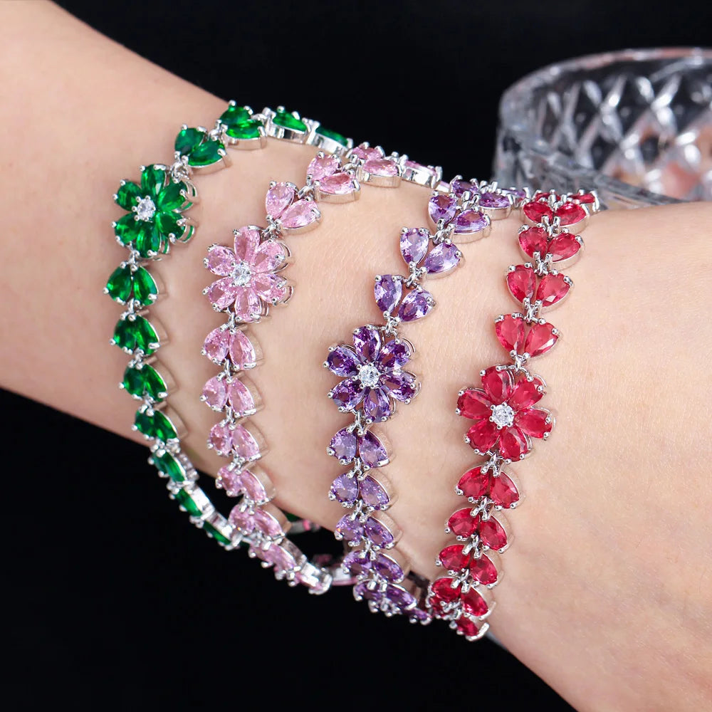 Delicate Flower Leaf Shape Cluster Pink Red Cubic Zirconia Crystal Link Chain Bracelets for Women Wedding Party - EUFASHIONBAGS