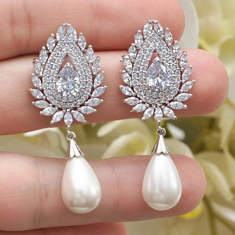 Luxury Temperament Women's Imitation Pearl Earrings Full Paved Bling White CZ Stone New Fashion Wedding Jewelry Drop Ship - EUFASHIONBAGS