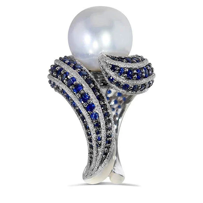 Hyperbole Personality Women Rings Irregular Shaped Full with Blue CZ Imitation Pearl Wedding Rings Hot Trendy Jewelry - EUFASHIONBAGS