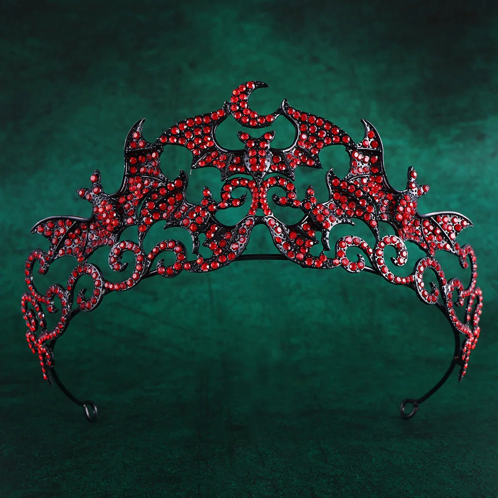 Gothic Halloween Black Red Rhinestone Bat Wedding Crown for Women Crystal Banquet Tiaras Party Costume Hair Jewelry Accessories - EUFASHIONBAGS